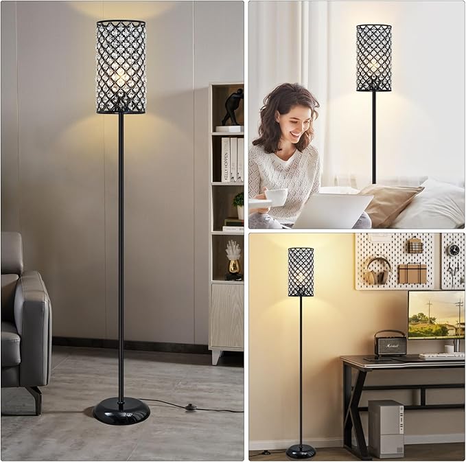 GyroVu Crystal Floor Lamp, Modern Standing Lamp with Elegant Shade Black Floor Lamp with On/Off Foot Switch,Tall Pole Accent Lighting for Living Room, Girl Bedroom, Dresser, Office