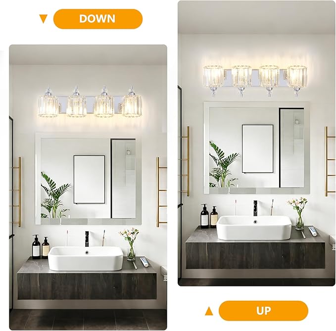 4-Light Modern Bathroom Light Fixture Chrome Bathroom Vanity Lights Over Mirror Wall Sconce Lighting with K9 Crystal Shades E26 Base for Bedroom, Living Room, Hallway, Cabinet Wall Lamp