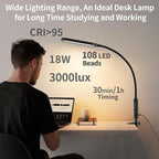 Clamp on Lamp, LUJOLUMIN LED Desk Lamp, 18W, 3000 LMS, 3 Color Modes, 16 Brightness Levels, CRI>95, Reading Light, Eye-Caring Task Lamp with Remote for Reading, Office, Home (Adapter Included)