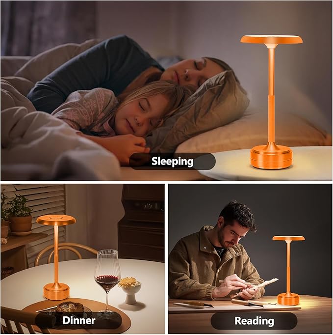 Rechargeable Cordless LED Table Lamps Touch Sensor Light, 3-Levels Portable Dimming Wireless Battery Operated Lamp，Nightstand Lamp/Night Light/Restaurant Table/Outdoor/Coffee/Bar (Orange)