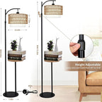 Arc Floor Lamp with Table and Shelves,Rattan Boho Floor Lamp with Remote Control,Rustic Floor Lamps for Bedroom Wicker Standing Lamp with 3 Color Temperature Tall Lamp for Living Room Corner