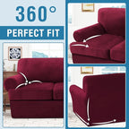 H.VERSAILTEX Sofa Cover 3 Piece T Cushion Sofa Slipcovers Thick Velvet Couch Cover Furniture Protector Stretch T Cushion Sofa Covers for 2 Cushion Couch with 2 Individual T Cushion Covers, Burgundy