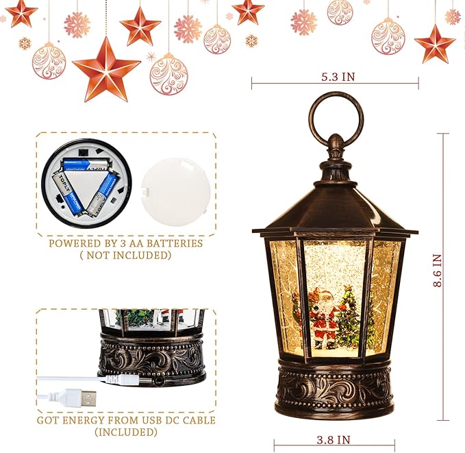 Christmas Lantern-Snow Globe,Water Lantern with Music and Santa Claus-USB or Battery-Powered Christmas Lanterns, Rotating Flashing Lanterns, Christma Decorations