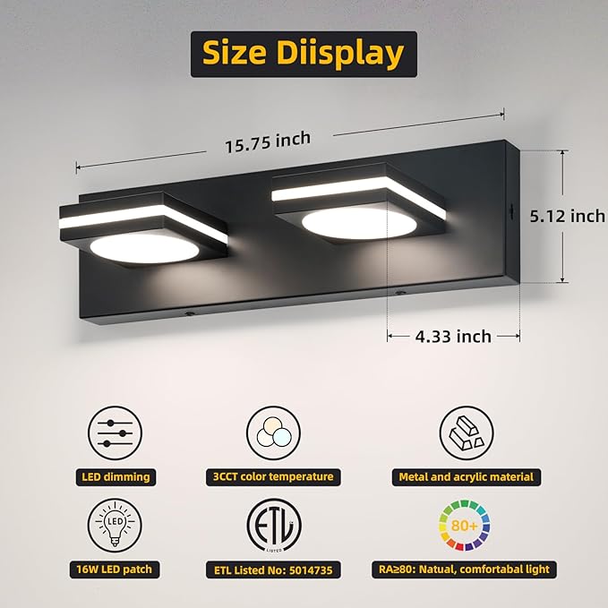 OKELI 2-Light LED Bathroom Vanity Light Fixtures, Matte Black Modern Bathroom Wall Lighting Fixtures Over Mirror (3CCT, 3000K-6000K)