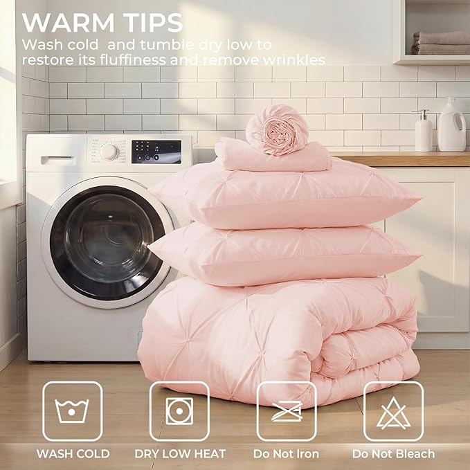 Sasttie Twin Comforter Set, 5-Piece Bed in a Bag, Pintuck Bedding Sets for All Season, Includes Comforter, Flat Sheet, Fitted Sheet, Pillowcase and Pillowsham, Blush Pink