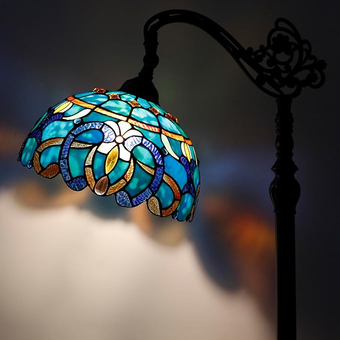 Tiffany Floor Lamp Stained Glass Lamp 18.88X12X67 Inch Angle Adjustable Arched Gooseneck Antique Reading Light (Green Brown Jewelry Baroque)