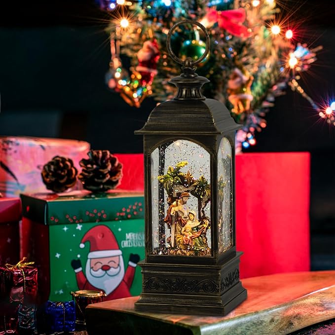 Eldnacele Nativity Music Snow Globe Lantern with 6 Hour Timer, Battery Operated & USB Powered Singing Lighted Lamp Swirling Water Glittering Christmas Decoration Holiday Decor Lantern