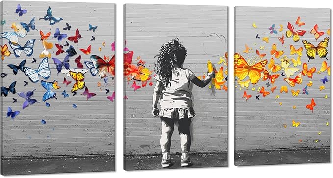 Novatique Banksy Canvas Wall Art Large Graffiti Wall Art Abstract Butterfly Graffiti Poster Modern Street Pop Art Canvas Painting for Bedroom Living Room,24”x 36”x3Pcs