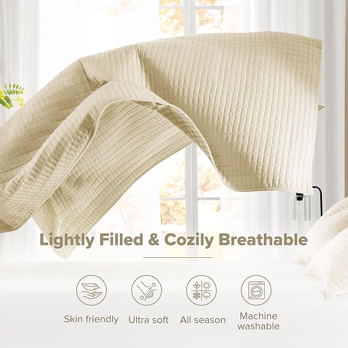 Comfort Spaces Kienna Quilt Set- Double Sided Stitching Design Summer Blanket, Lightweight, Soft, All Season Bedding Layer, Matching Sham, Ivory, Coverlet King (104"x90") 3 Piece