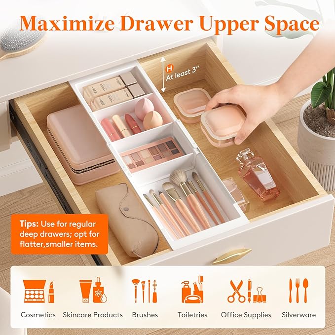 Lifewit Sliding Makeup Drawer Organizer Trays with Inserts, Extendable Hanging Desk Drawer Divider, Fits 13-20" Deep Drawers, 1.8" High Plastic Organizer Tray for Vanity, Office, Kitchen, White