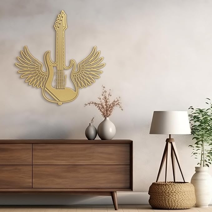 SIGNLEADER Metal Wall Art Decor - Electric Guitar with Wing Minimalist Modern Abstract Wall Sculpture Hanging Home Decoration for Living Room, Bedroom, Bathroom, Kitchen, Studio, Outdoor - 24" Gold