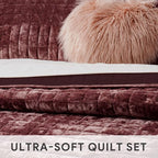 RECYCO Luxury Velvet Quilt Set Full Queen Size Bedding Sets, Ultra Soft Velvet Comforter Set, Lightweight Channel Box Stitch Oversized Bedspread Coverlet for All Season, with 2 Shams, Plum