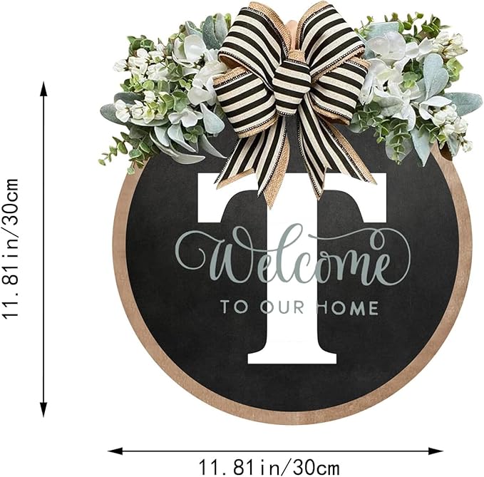 Circular Surname Front Door Welcome Sign - 26 Letter House Wreath, Front Porch Decorations, Year-Round Home Decor (T)