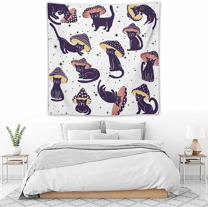 VUMIVI Funny Cat Mushroom Tapestry Retro 70s Hippie Style Cute Black Kitten Star Aesthetic Art Print Tapestry Wall Hanging for Living Room Bedroom Dorm Classroom Aesthetic Decor W60xL60in