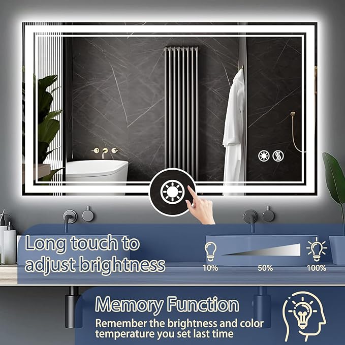 48“ x 28” LED Bathroom Mirror with Lights Anti-Fog Dimmable 3 Colors LED Mirror for Bathroom Memory Function Smart Mirror Wall Mounted Horizontal/Vertical