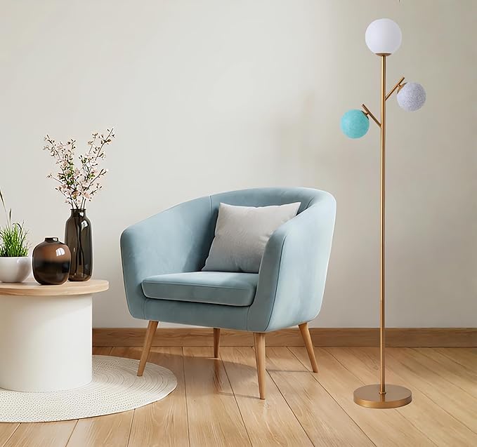 Fiqevs Contemporary 3 Head Gold Globe Floor Lamp with 3 Multicolored Sphere Shades and Bulbs Included, Standing Tree Lamp for Kids Bedroom Playroom Living Room Office
