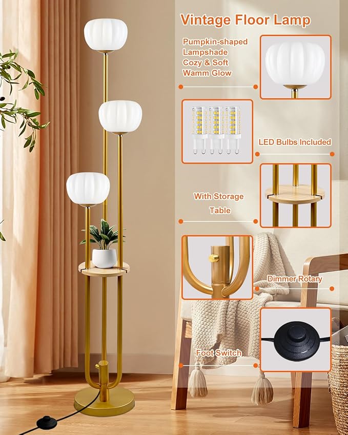 Lightdot Gold Floor Lamp with Table, Modern Dimmable Floor Lamps with Pumpkin Lampshade, 3000K Warm White Bulbs Included, 3-Light Tall Standing Lamp for Living Room/Bedroom/Sofa Beside/Corner Decor
