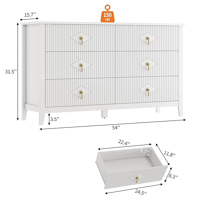 GarveeHome Fluted Dresser for Bedroom, 54 Inch Wide 6-Drawer Wood Dresser, Modern Chest of Drawers, Storage Organizer Cabinet for Living Room, Hallway, Entryway, White