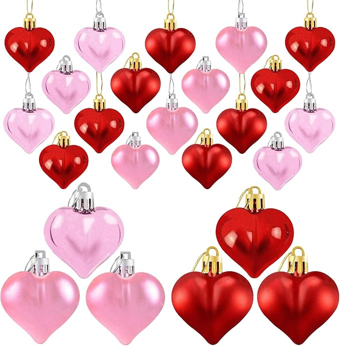 24 Pieces Heart Shaped Ornaments Valentine's Day Heart Ornaments for Valentine's Day, Hearts Baubles Decorations for Valentines Wedding Anniversary Home Party Decor(Red, Pink)