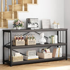 IBF Wood and Metal Book Shelf, Industrial Rustic Low 3 Tier Bookshelf, Farmhouse Long Wide Vintage Horizontal Bookcase, Modern Large Open Etagere for Home Office Living Room Bedroom, Gray Oak, 63 Inch