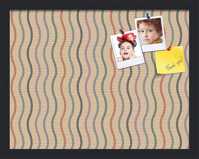 PinPix 18x14 Inch Cork Bulletin Board. This Decorative Framed Pin Board Comes with Multi Color Waves Design and a Satin Black Frame. Ideal for Home Office Decor or Message Board (PinPix-565)