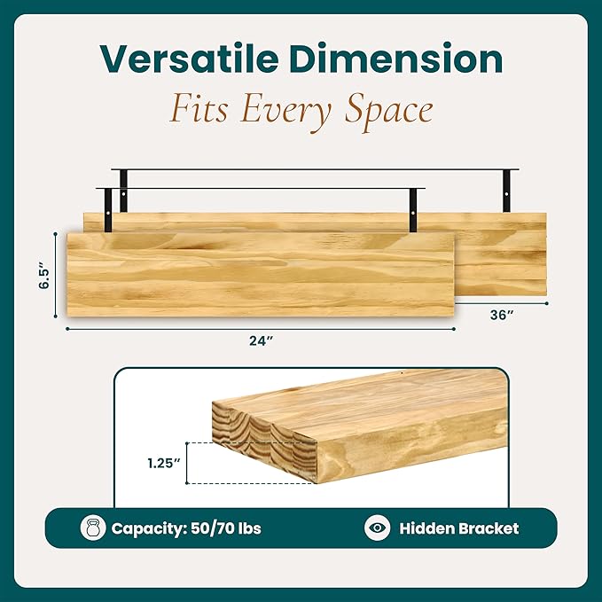 24'' Pine Wood Floating Shelves for Wall- Set of 2 - Rustic Wall Mounted Wooden Shelf for Stylish Home Décor - Natural Color - 24x6.5x1.25 Inches, 2pcs