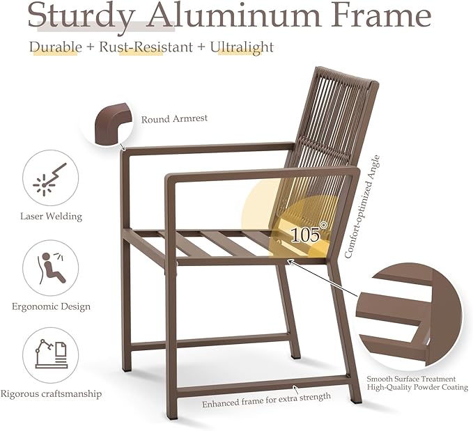 Aluminum Outdoor Patio Dining Chairs - Imitation Rope Vine Chair Ergonomic Backrest Design Detachable Seat Cushion Soft and Breathable Garden Porch Light Brown Set of 6