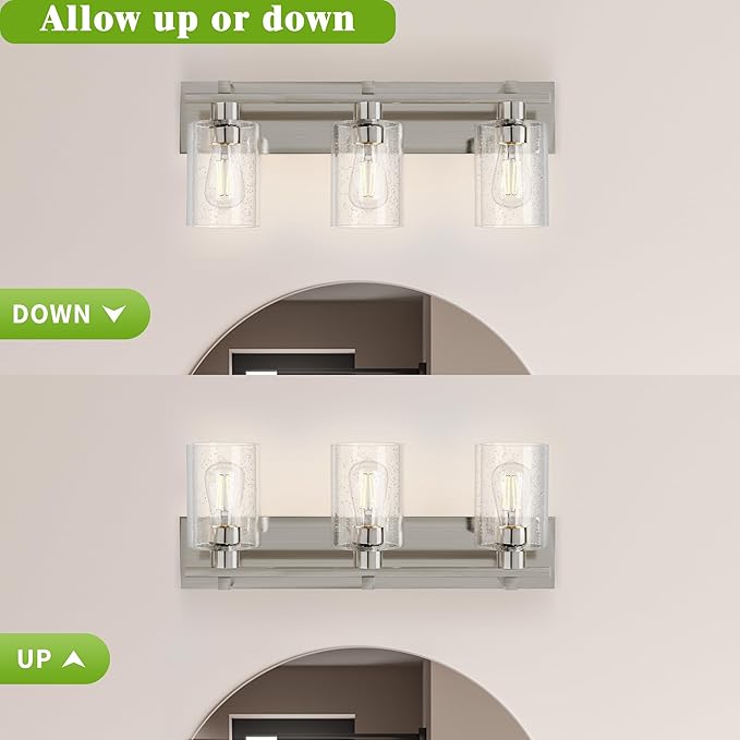 Espird Bathroom Vanity Light, 3 Light Brushed Nickel Bathroom Light Fixture with Thickened Seeded Glass Shade, 24 inch Modern Vanity Lights, Bathrooms Lights Fixture Over Mirror