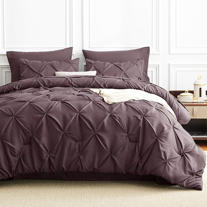 CozyLux King Size Comforter Set Cocoa Powder, 7 Pieces Pintuck Bed in A Bag Cocoa Powder Comforter King Size, Pinch Pleat Bedding Set with All Season Comforter, Sheets, Pillowcases & Shams