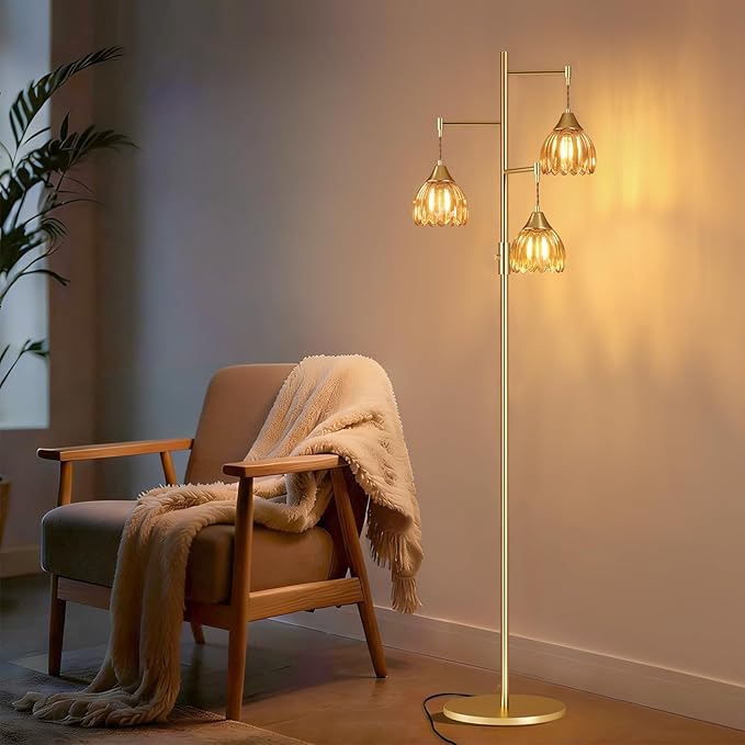 Dimmable Floor Lamp for Living Room, Bedroom, Gold Standing Lamp with 3pcs 6W Bulbs, Vintage Brass Floor Lamps for Corner, Nursery (Amber Tulip)