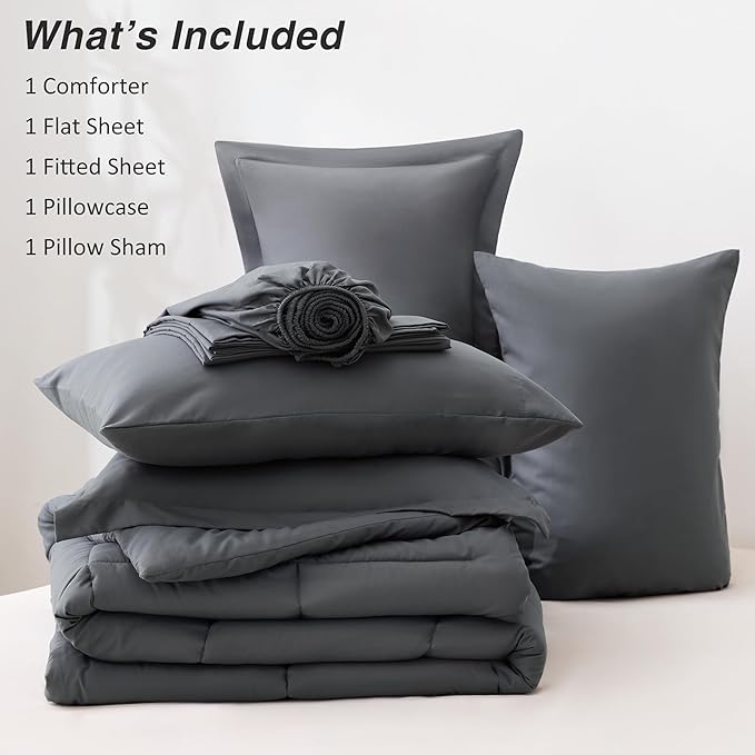 Love's cabin Twin XL Comforter Set Soot Grey, 5 Pieces Twin XL Bed in a Bag, All Season Bedding Sets with 1 Comforter, 1 Flat Sheet, 1 Fitted Sheet, 1 Pillowcase and 1 Pillow Sham