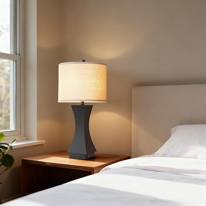 24.5" Modern Table Lamp Set of 2, 3-Way Dimmable Bedside Lamps with USB C & A Charging, Farmhouse Resin Nightstand Lamps with Beige Linen Shade for Bedroom, Living Room, Home Office (Black)