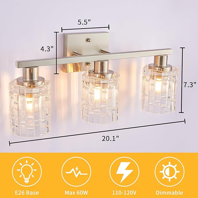 3 Light Brushed Nickel Bathroom Vanity Light Over Mirror, Modern Vanity Lighting with Crystal Glass Shade, Wall Mount Bathroom Light Fixtures, E26 Base