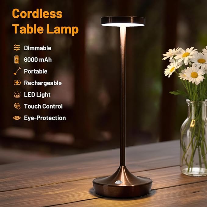 Cordless Table Lamp Rechargeable - 6000mAh LED Battery Operated Table Light - Portable Touch Dimmable Outdoor Waterproof Table Lamps for Patio Bar Restaurant Dining (2 Brown)