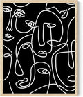 Abstract Face Pattern Wall Art Black Background White Continuous Line Drawing 8x10 Inch Oak Wood Beige Framed Modern Diverse Portrait for Living Room Decor