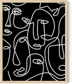 Abstract Face Pattern Wall Art Black Background White Continuous Line Drawing 8x10 Inch Oak Wood Beige Framed Modern Diverse Portrait for Living Room Decor