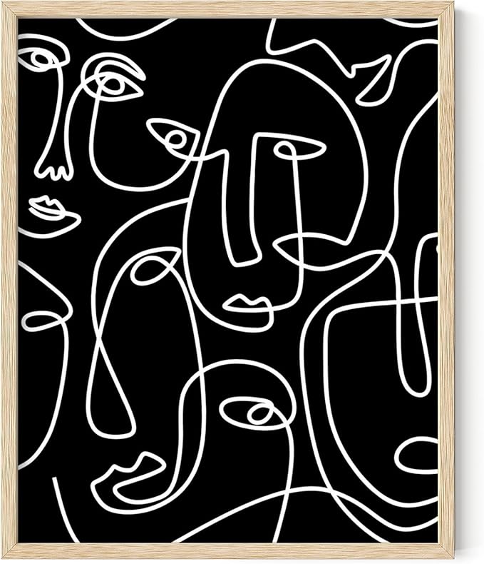 Abstract Face Pattern Wall Art Black Background White Continuous Line Drawing 8x10 Inch Oak Wood Beige Framed Modern Diverse Portrait for Living Room Decor