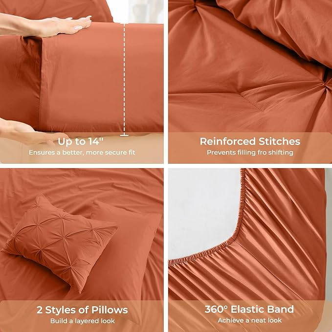 Sasttie Twin Comforter Set, 5-Piece Bed in a Bag, Pintuck Bedding Sets for All Season, Includes Comforter, Flat Sheet, Fitted Sheet, Pillowcase and Pillowsham, Burnt Orange
