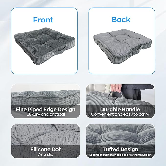 Meditation Floor Pillow Memory Foam Floor Cushions for Adults 22x22+4” Thicken Floor Sitting Large Square Pillows Seating Tufted Corduroy Seat Cushions Machine Washable for Yoga Living Room