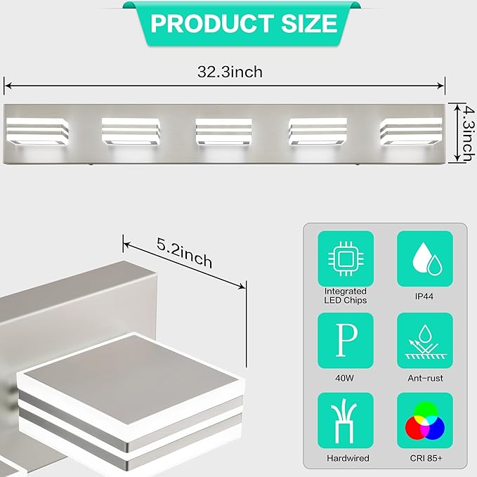 SOLFART LED Bathroom Lighting Fixtures - 5 Lights Modern Brushed Nickel Acrylic Vanity Lights for Mirror 32inch 24W