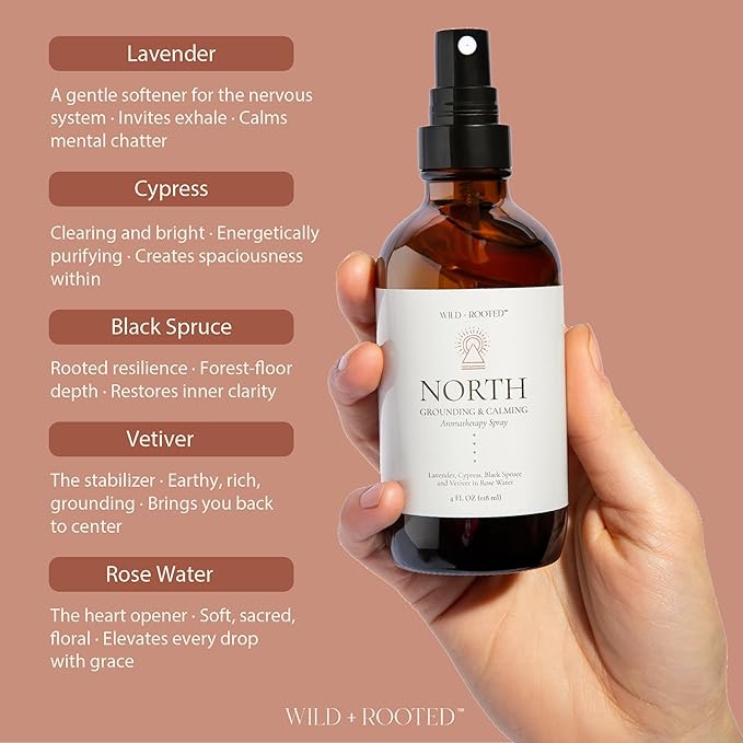 North Aromatherapy Room & Body Spray | Long-Lasting, All Natural Essential Oil Spray - Lavender, Cypress, Black Spruce, Vetiver in Rose Water | Calming & Grounding - 4oz