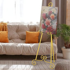 2 Pack Metal Round Tube Scroll Display Easel, Vintage Gold Decorative Large Adjustable Floor Standing Easel with Chain Support, Perfect for Showcasing Pictures, Artwork, Picture Frame Wedding Sign Etc
