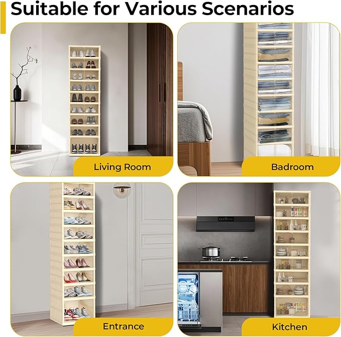 GCCSJ 9-Tier 18 Pairs Foldable Shoe Rack Organizer, Plastic Collapsible Shoe Shelf, Folding Shoe Box Storage Cabinet with Magnetic Clear Door Easy Assembly for Entryway, Bedroom, Living Room