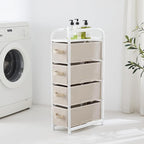 MAX Houser 4 Drawer Narrow Dresser Fabric Storage Tower Vertical Slim Storage Chest Organizer Nightstand Side/End Table Small Standing Organizer Removable Drawers Wood Top for Bedroom, Bathroom(Beige)