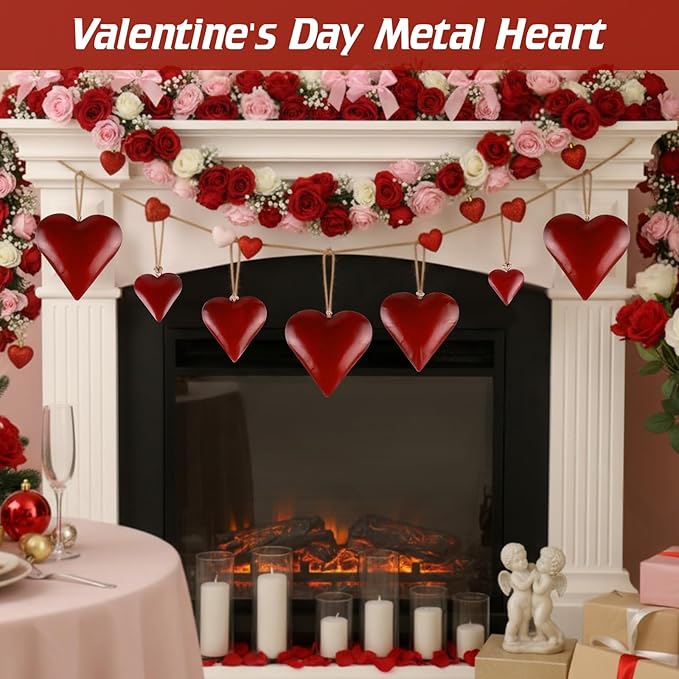 Frienda 8 Pcs Valentine's Day Metal Heart Indoor Outdoor Decorative Cow Bell Rustic Tibetan Inspired Meditation Wind Chime Bell with Jute Hanging Rope for DIY Craft Xmas Wall Decor (Red)