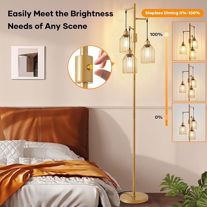 Dimmable Floor Lamp for Living Room, Farmhouse Floor Lamps with Elegant Hanging Cage, 3 x LED Edison Bulbs Included, 68.5" Industrial Standing Light for Bedroom Office Home Decor (Gold)