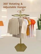 Heavy-Duty Metal Rotating Clothes Rack，Rack Load 200lbs,Gold Round Clothing Rack，Retail Clothing & Garment Racks,With Adjustable Pad Base, For Bedroom, Boutique & Laundry Room