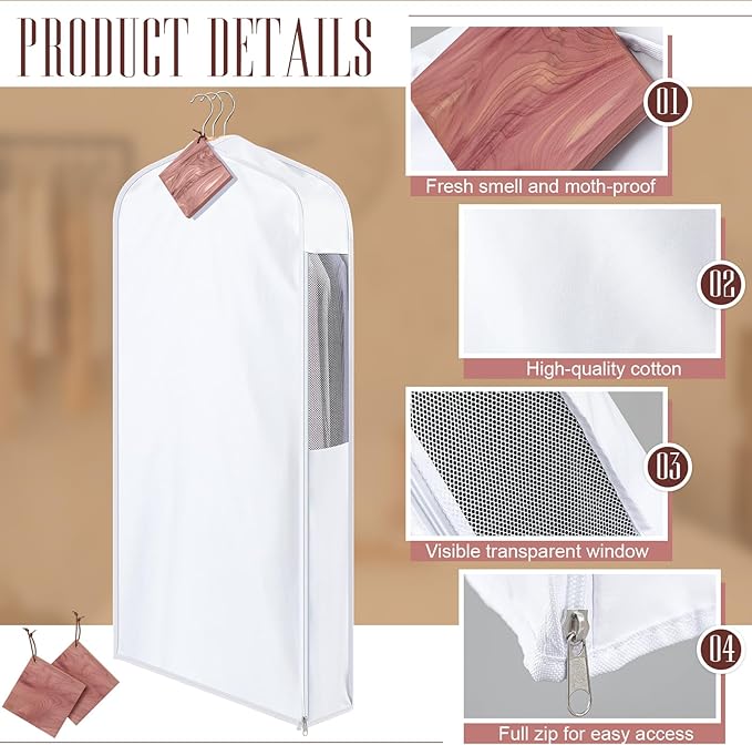 2 Set 40in Short Cotton Garment Bags, 6in Wide Gusset Hanging Storage Clothes with 8 Cedar Blocks, Transparent Mesh Window, Breathable Closet Bags for Fur Coat Suit Sweater Dress, White