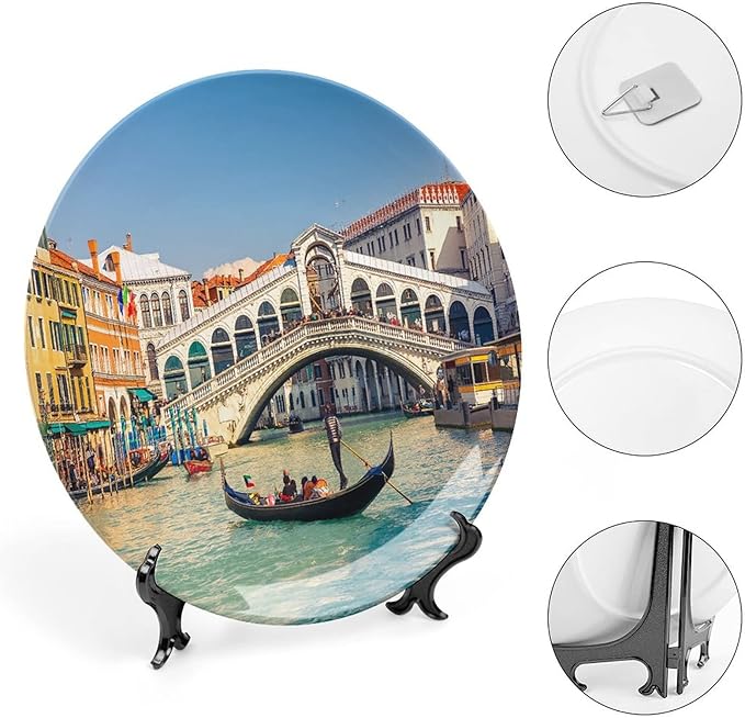 10 Inch Decorative Plate, Venice Dinner Plate, Cityscape on a Sunny Day with Rialto Bridge Print Ornament Display Plate for Fine Dining, Upscale Events, Dinner Parties, Weddings, Catering Christmas