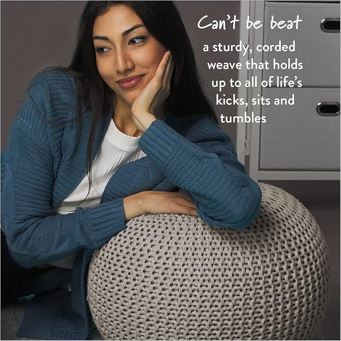 Urban Lifestyle Round Knit Pouf - Hand Woven Cotton, Taupe